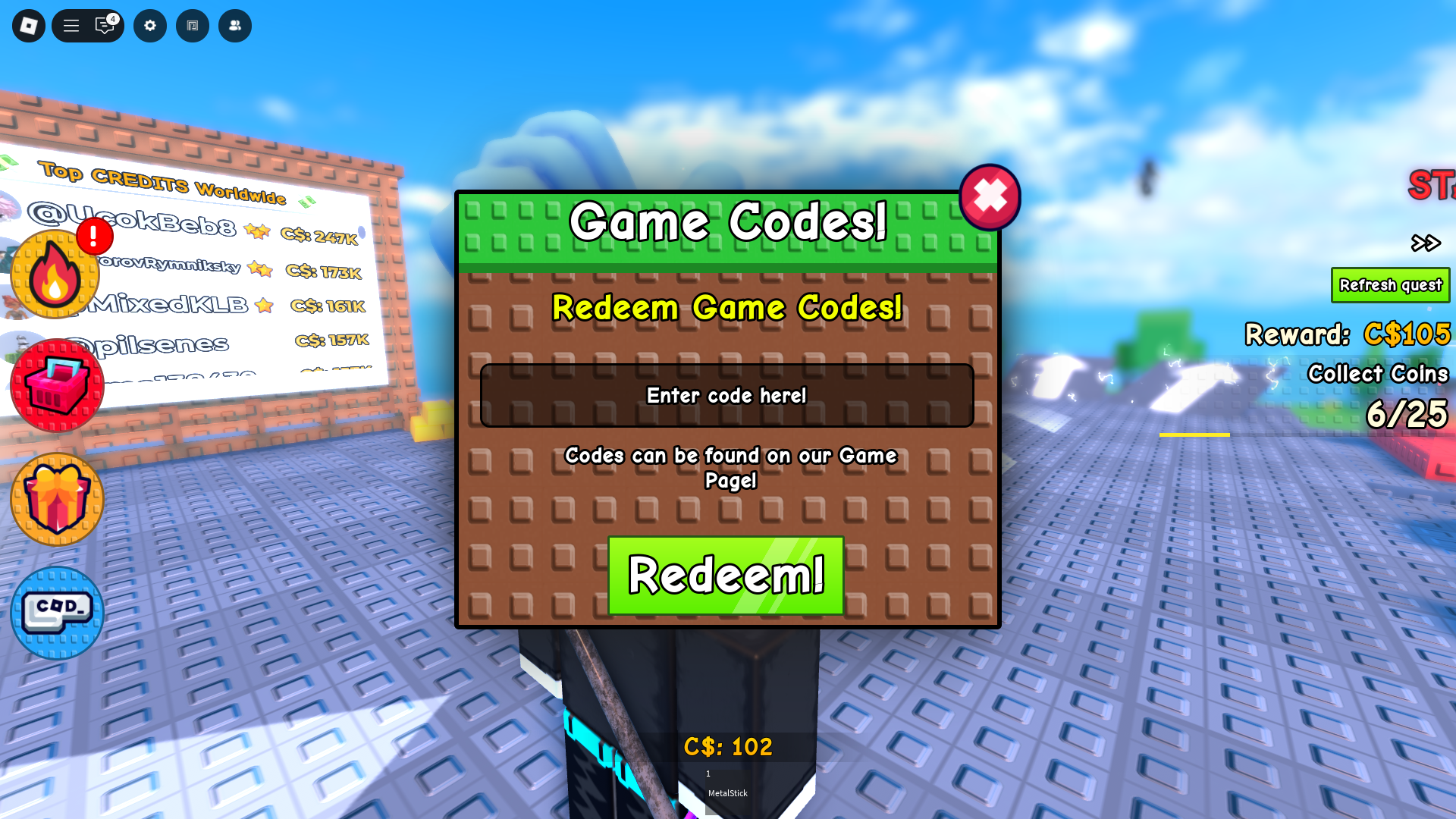 Redeeming codes (Image via Roblox)
